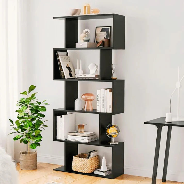 Bookshelf 5-Tier Wooden S-Shaped Bookcase