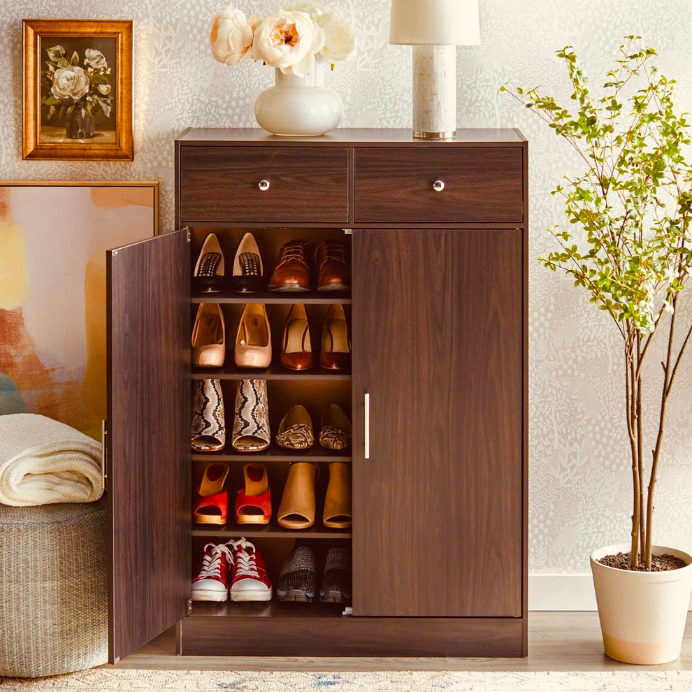 Wooden Shoe Cabinet with 2 Drawers 5-Tier Shoe Rack