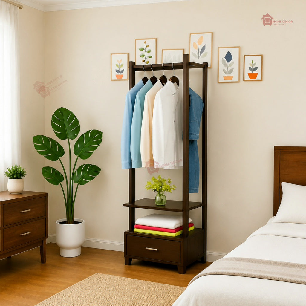Wooden Stylish Cloth Stand & Shelf and Drawers