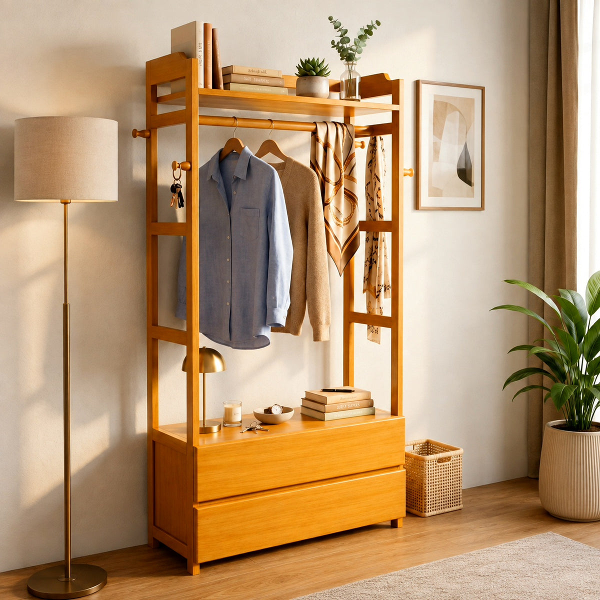 Premium Mahogany Wooden Clothes Hanger Rack with 2 Storage Drawers