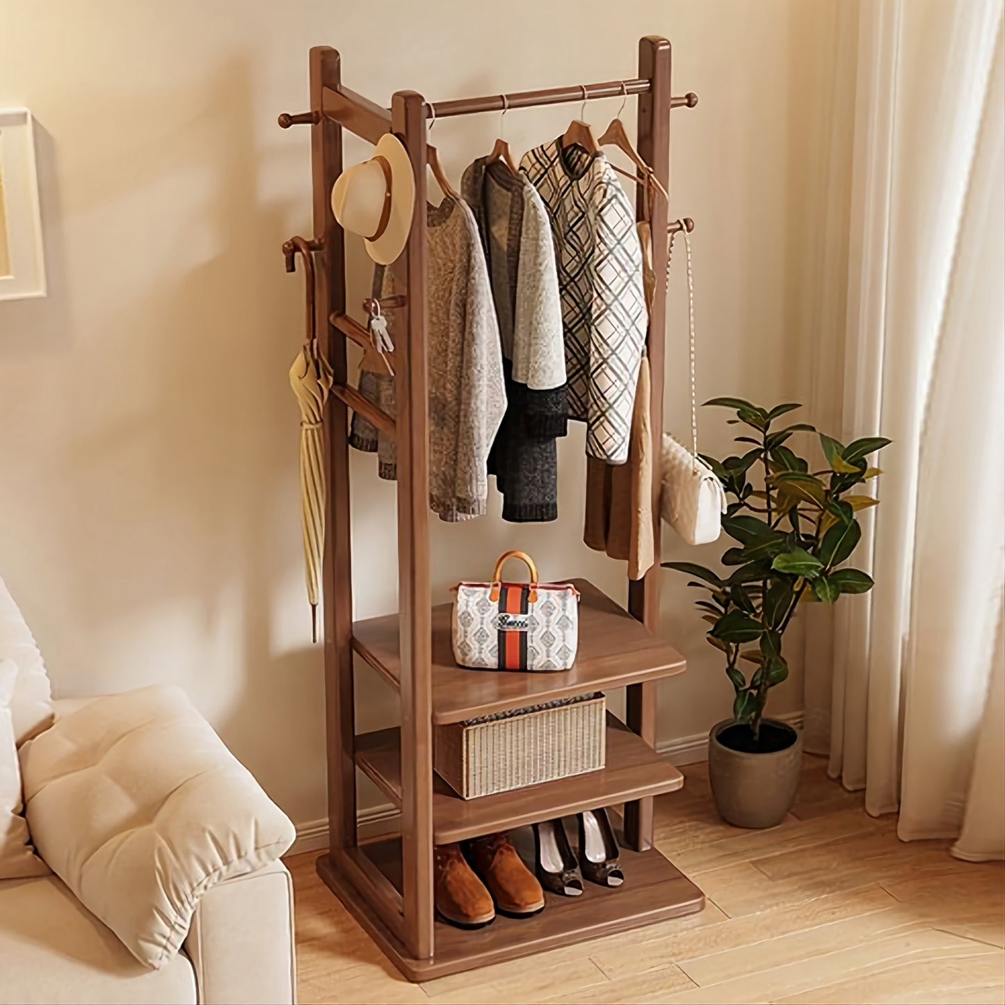 Premium Wooden Multi-Layer Alna | 3 Shelves & 3-Side Hooks