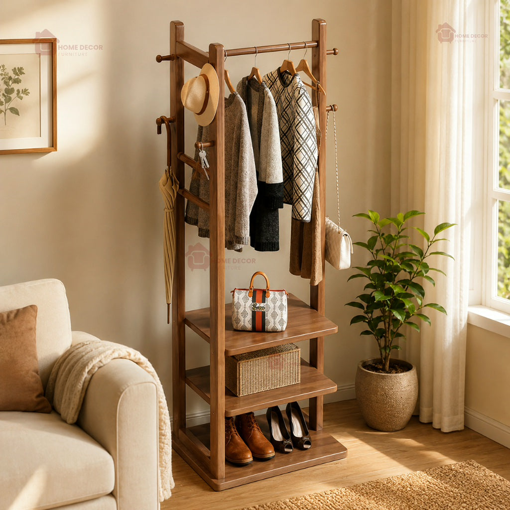 Premium Wooden Multi-Layer Alna | 3 Shelves & 6-Side Hooks