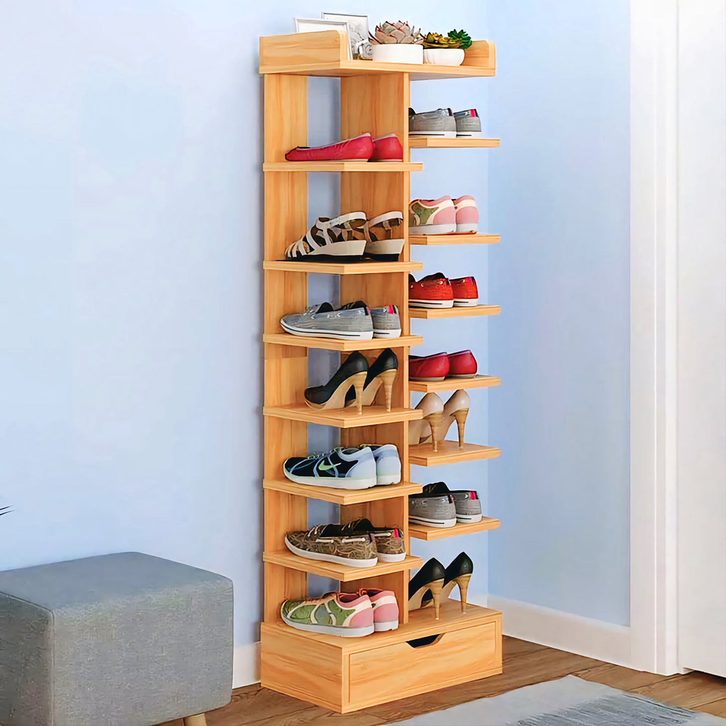 Wooden Stylish Shoe Rack Double Row