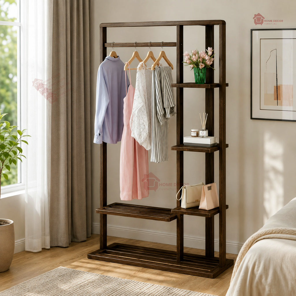 Wooden Cloth stand with rack & 4 Shelf