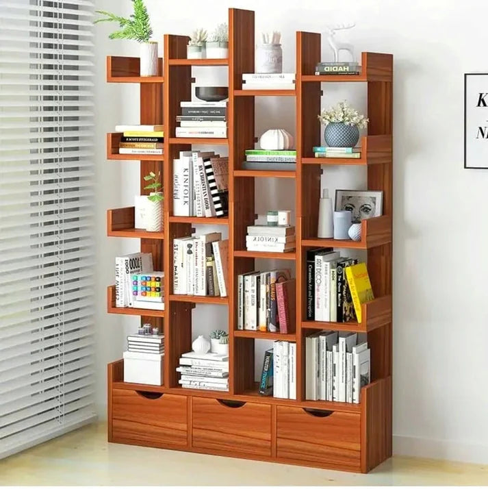 Wooden 4 Row L Shaped Book shelf with Drawer Bookshelf For Office/Home