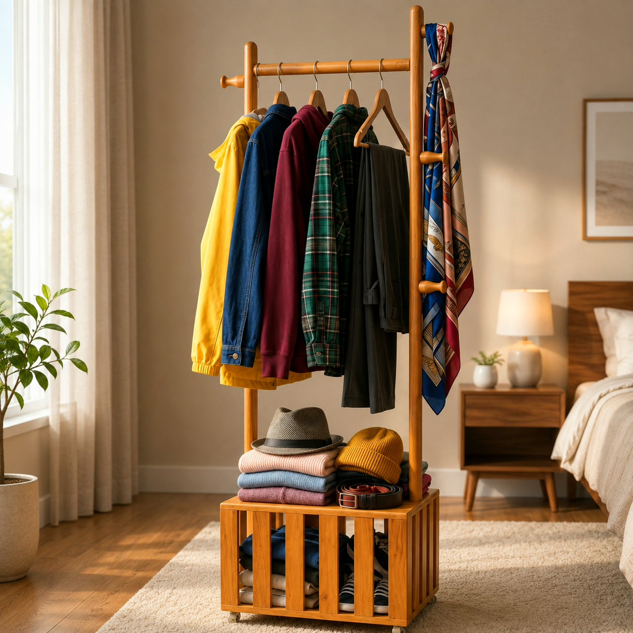 Premium 360° Rotating Wooden Alna Stand with Wheels & Hanging Rod | Multi-Functional Clothes Organizer