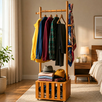 Premium 360° Rotating Wooden Alna Stand with Wheels & Hanging Rod | Multi-Functional Clothes Organizer