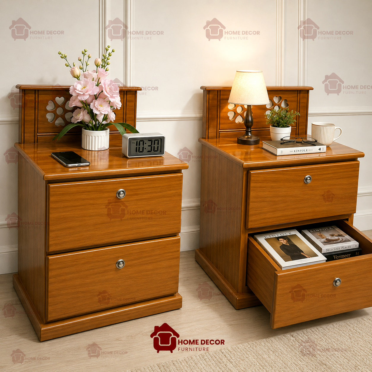 Premium Wooden Bedside Table with Dual Drawers & Decorative Back Panel