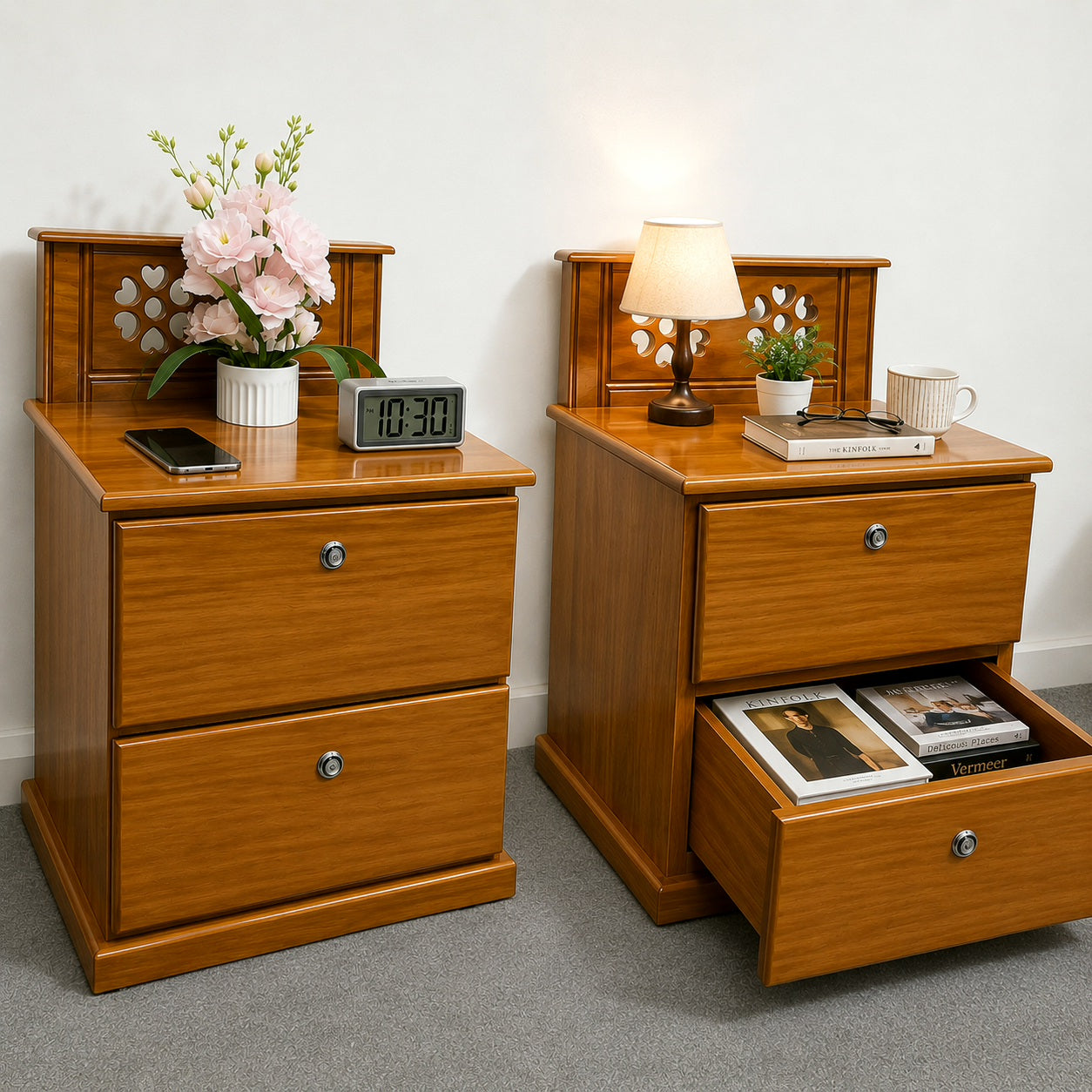 Premium Wooden Bedside Table with Dual Drawers & Decorative Back Panel