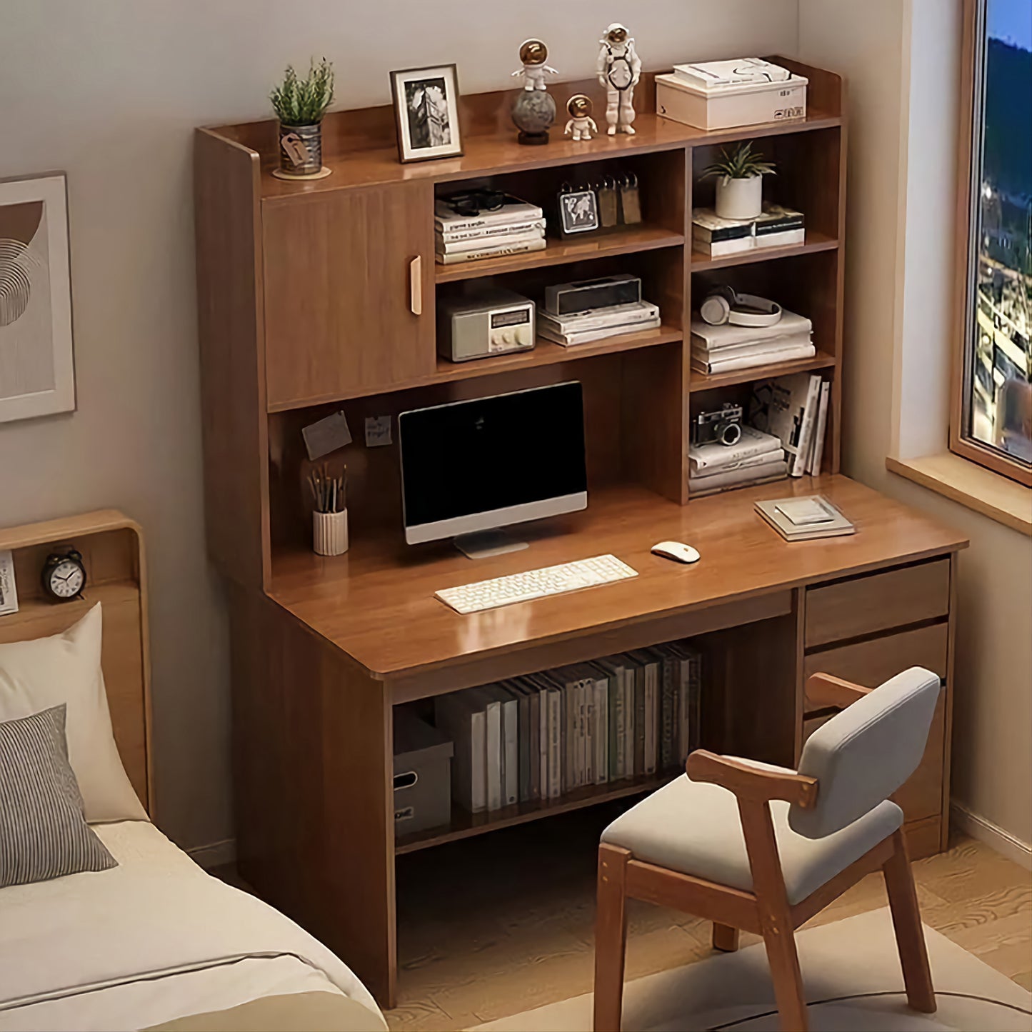 Wooden Study Table with Bookshelf | Modern Computer Desk with Storage