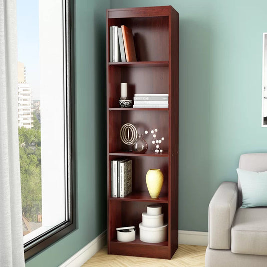 5-Shelf Narrow Bookcase – Solid Pure Mahogany Wood