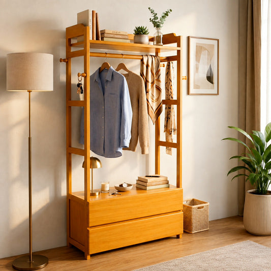 Premium Mahogany Wooden Clothes Hanger Rack with 2 Storage Drawers