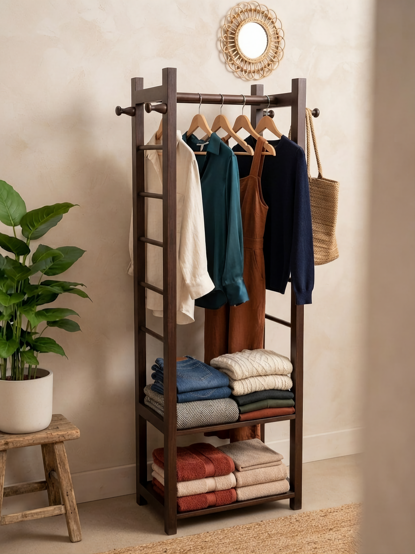 Stylish Wooden Clothes Stand with Shelves and Hanger Rail & 10 stick