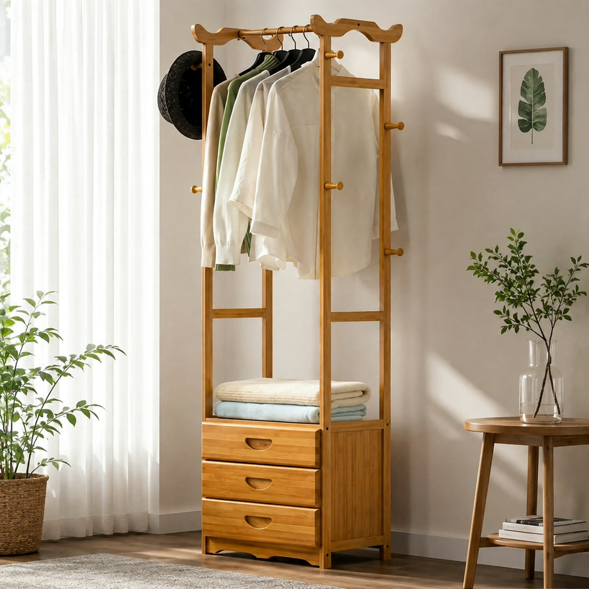 Wooden Multi Layer Alna With 8 Side Hook And 3 Drawers