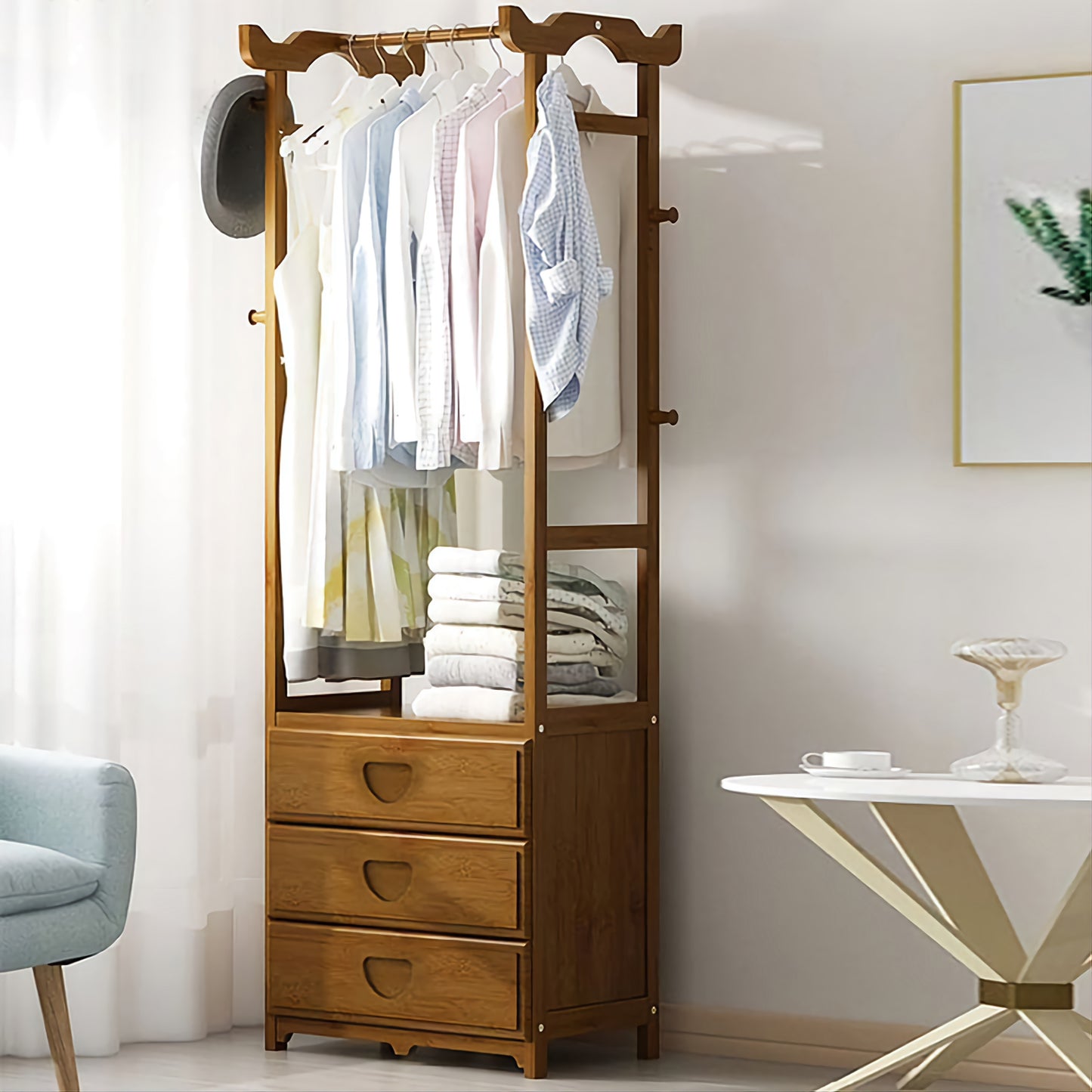Wooden Multi Layer Alna With 8 Side Hook And 3 Drawers