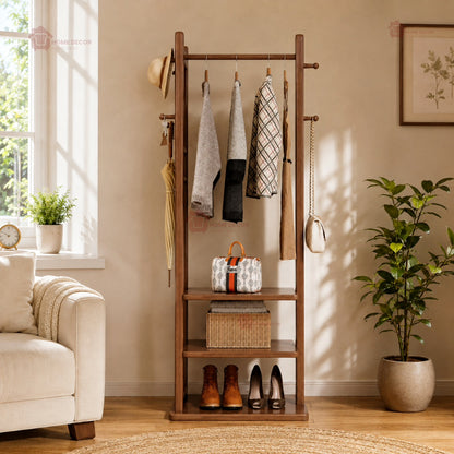 Premium Wooden Multi-Layer Alna | 3 Shelves & 6-Side Hooks