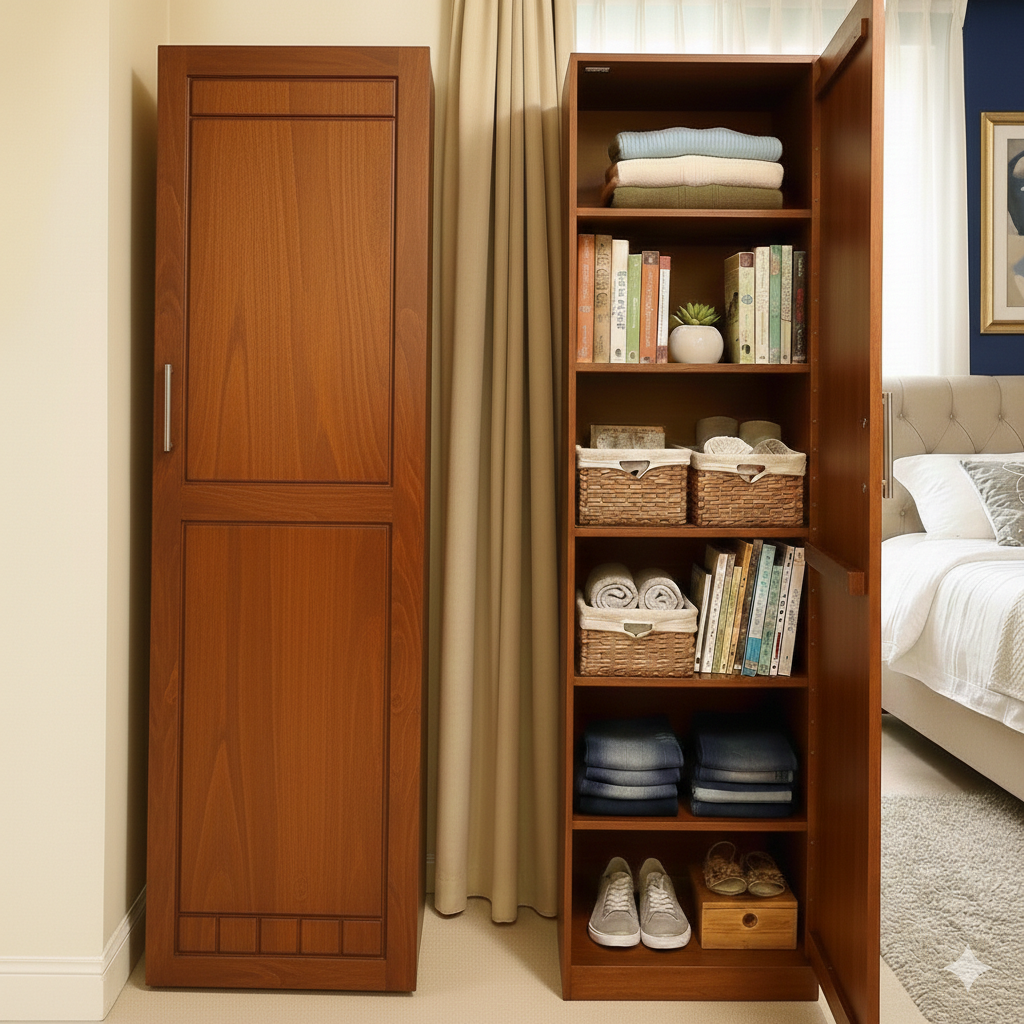 Single Wooden Almirah – Modern Bedroom Wardrobe with Shelves
