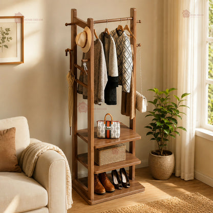 Premium Wooden Multi-Layer Alna | 3 Shelves & 6-Side Hooks