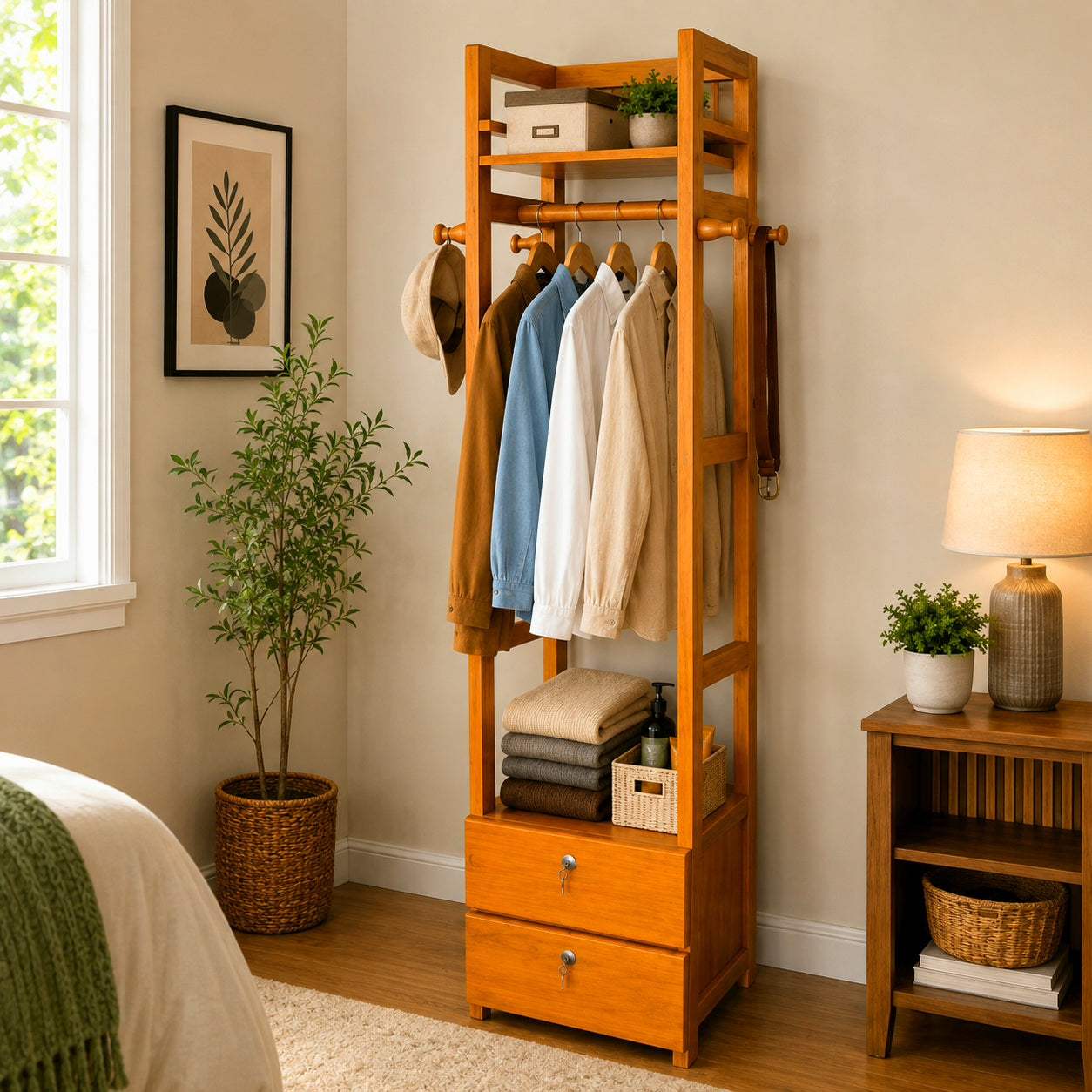 Premium Mahogany Wooden Clothes Hanger Rack with 2 Lockable Drawers