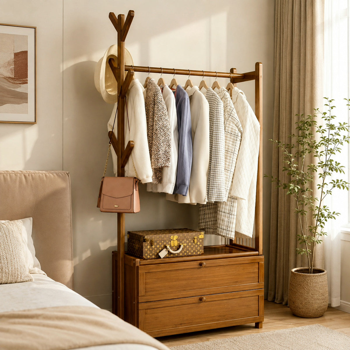 Modern Wooden Clothes Stand & 2 Drawers for Bedroom