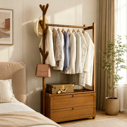 Modern Wooden Clothes Stand & 2 Drawers for Bedroom