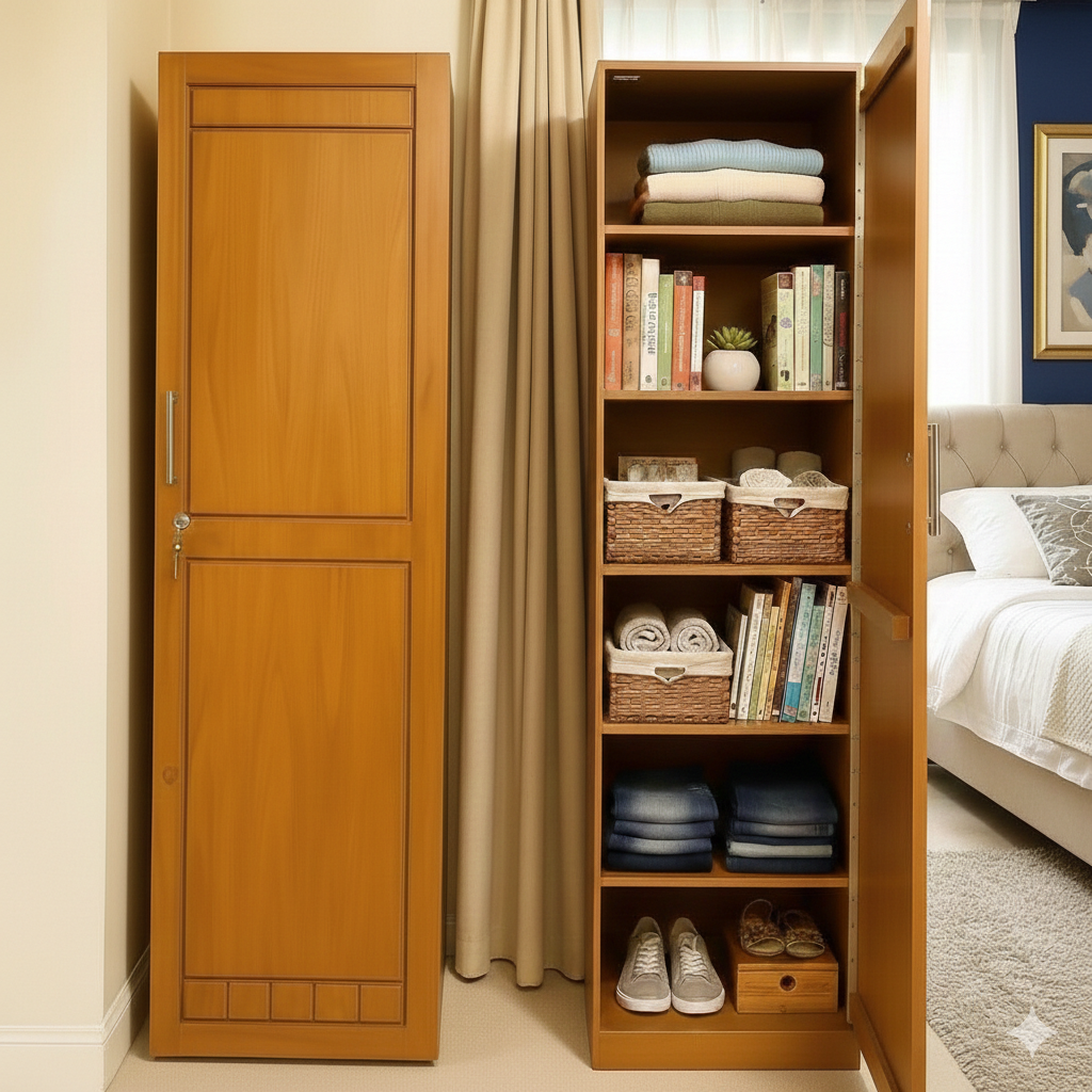 Single Wooden Almirah – Modern Bedroom Wardrobe with Shelves