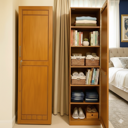 Single Wooden Almirah – Modern Bedroom Wardrobe with Shelves