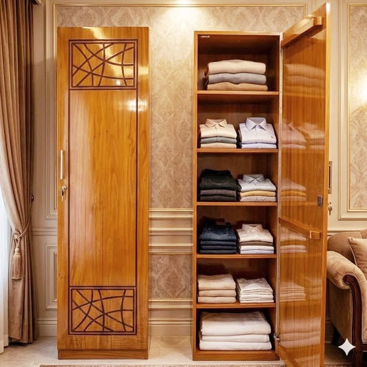 Single Wooden Almirah – Modern Bedroom Wardrobe with Shelves & Smart Storage