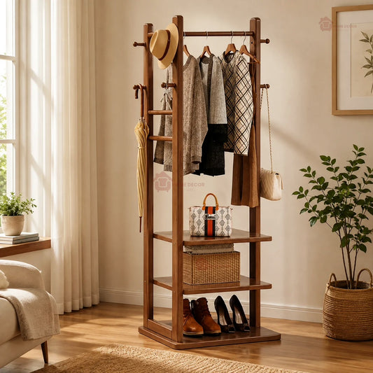 Premium Wooden Multi-Layer Alna | 3 Shelves & 6-Side Hooks