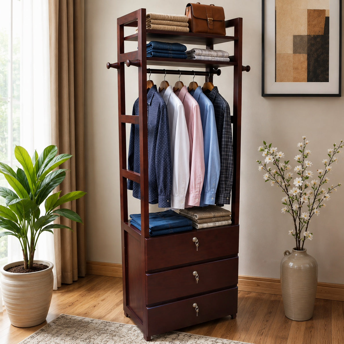 Premium Mahogany Wooden Clothes Hanger Wardrobe with 3 Lockable Drawers