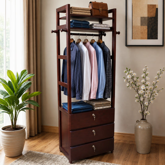 Premium Mahogany Wooden Clothes Hanger Wardrobe with 3 Lockable Drawers