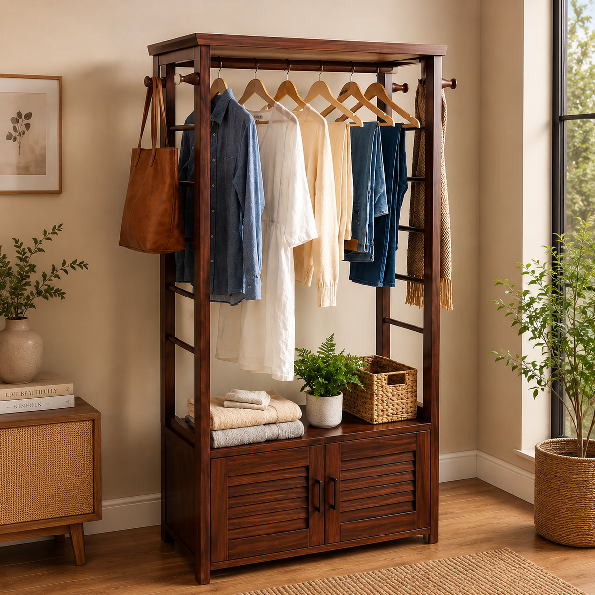 Premium Mahogany Wood Alna | Wooden Clothes Rack with Storage Cabinet