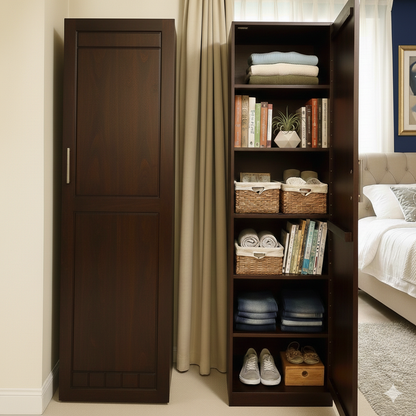 Single Wooden Almirah – Modern Bedroom Wardrobe with Shelves